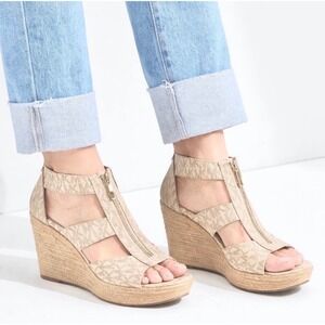 Michael Kors MK Logo Espadrille Wedge Sandals Zip Front Damita Wedge Size 6.5